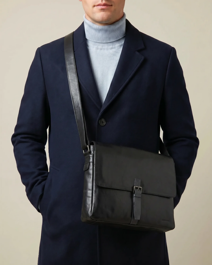 Windsor RFID Leather Business Satchel - Black