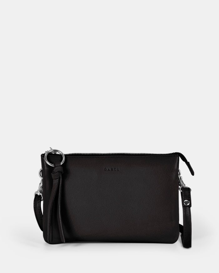 Lily Double Zip Compartment Soft Leather Crossbody Bag - Black