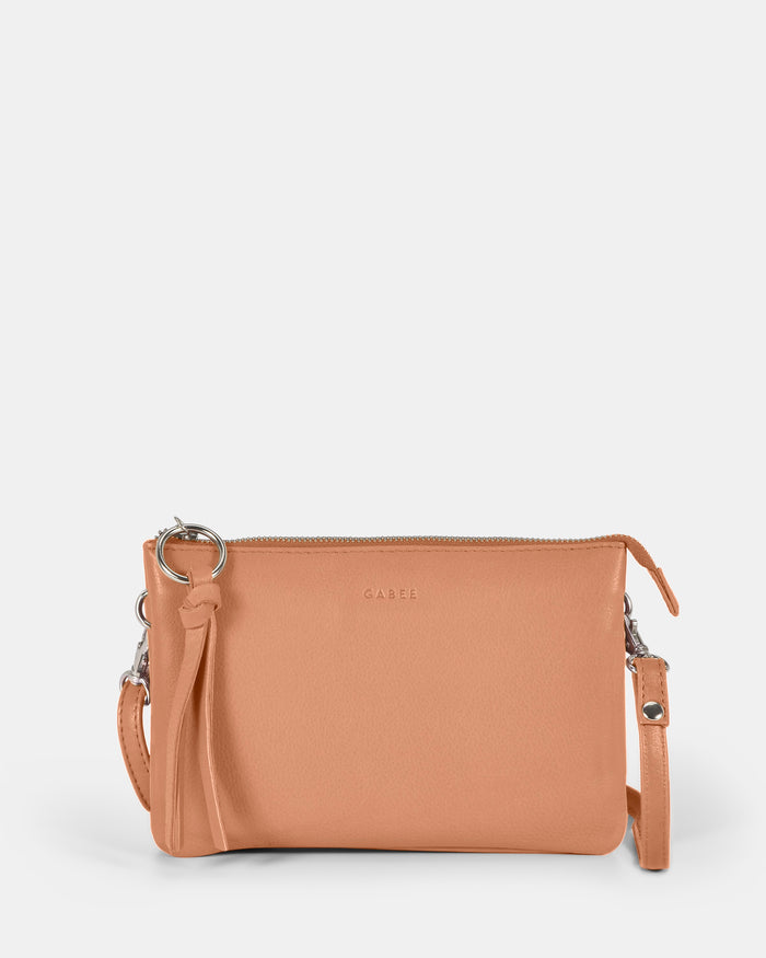 Lily Double Zip Compartment Soft Leather Crossbody Bag - Camel