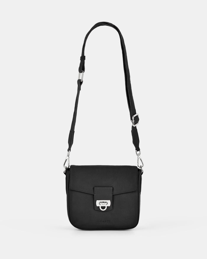 Charlotte Leather Turnlock Closure Crossbody Bag - Black