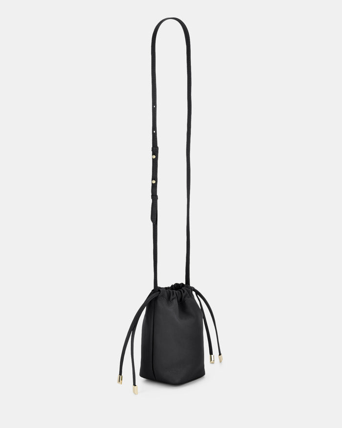 Susie Soft Leather Drawsting Crossbody - Black
