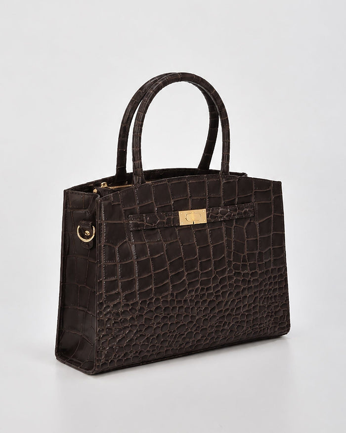 Arlie Croc Leather Tote Bag - Chocolate