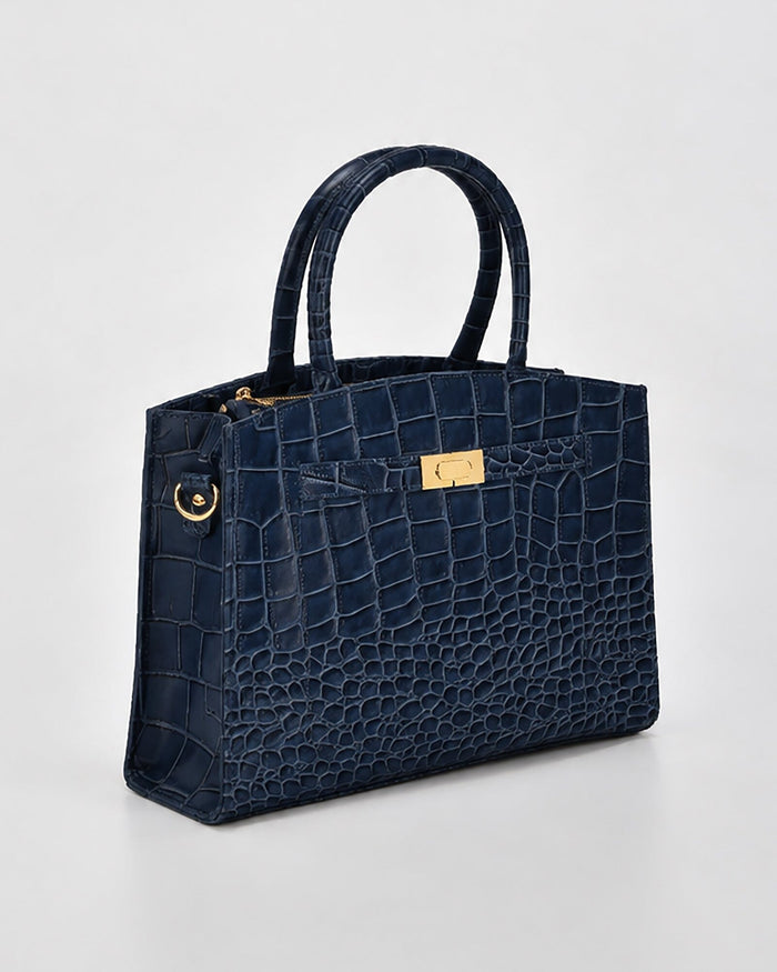 Arlie Croc Leather Tote Bag - Navy
