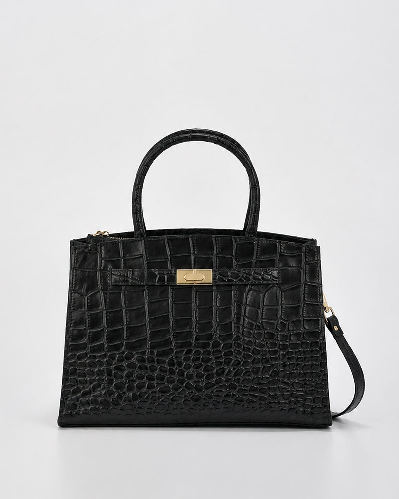 Arlie Croc Leather Tote Bag - Black