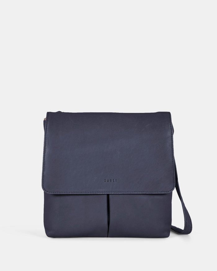 Ava Leather Flap over Crossbody Bag - Navy