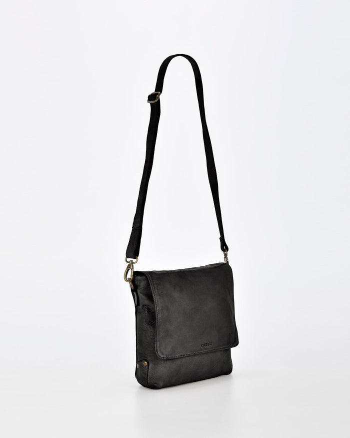 Bracewell Rugged Leather Flapover Crossbody - Black