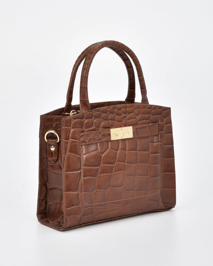 Brighton Croc Leather Crossbody Bag - Tan