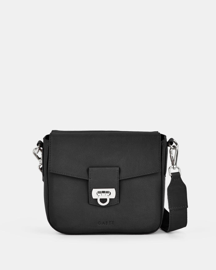 Charlotte Leather Turnlock Closure Crossbody Bag - Black