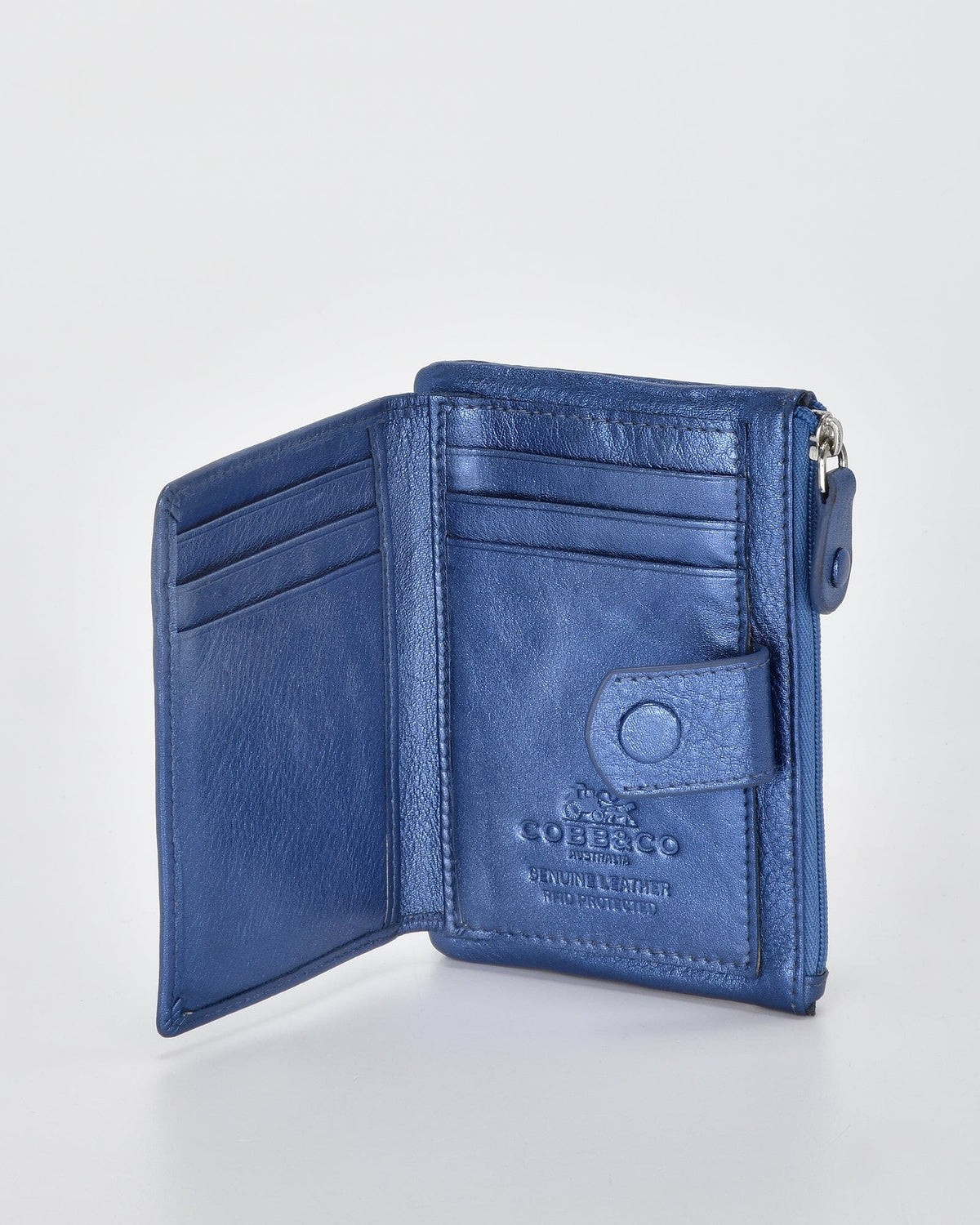 Collins RFID Safe Compact Leather Wallet - Metallic Blue COBB & CO 