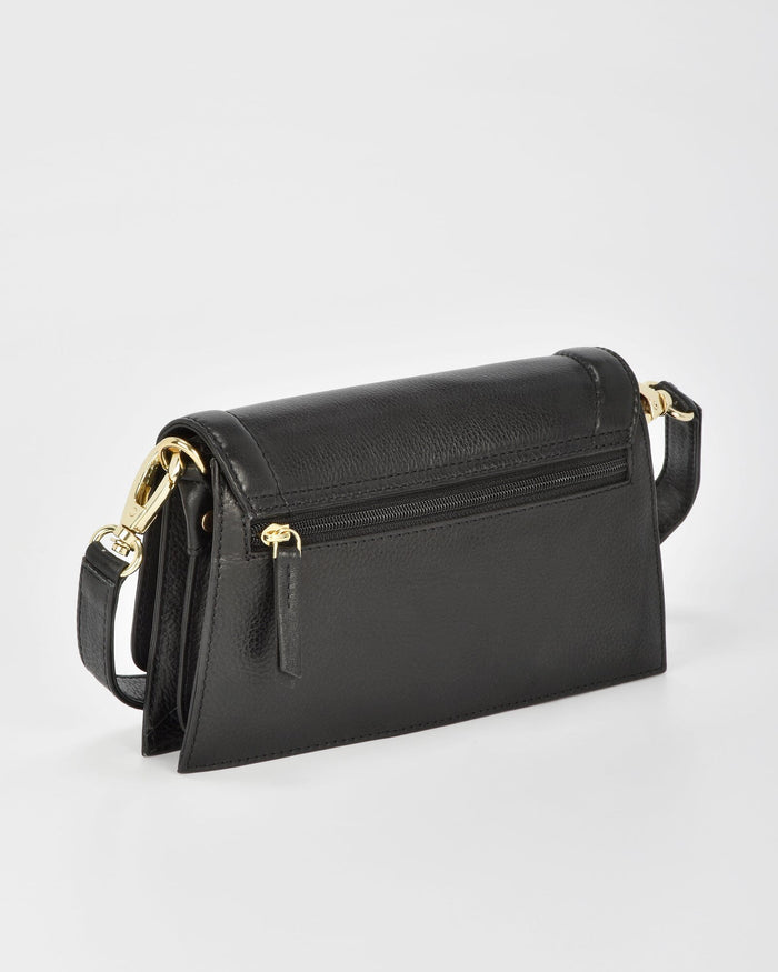 Concord Washed Leather Structured Crossbody Shoulder Bag - Black