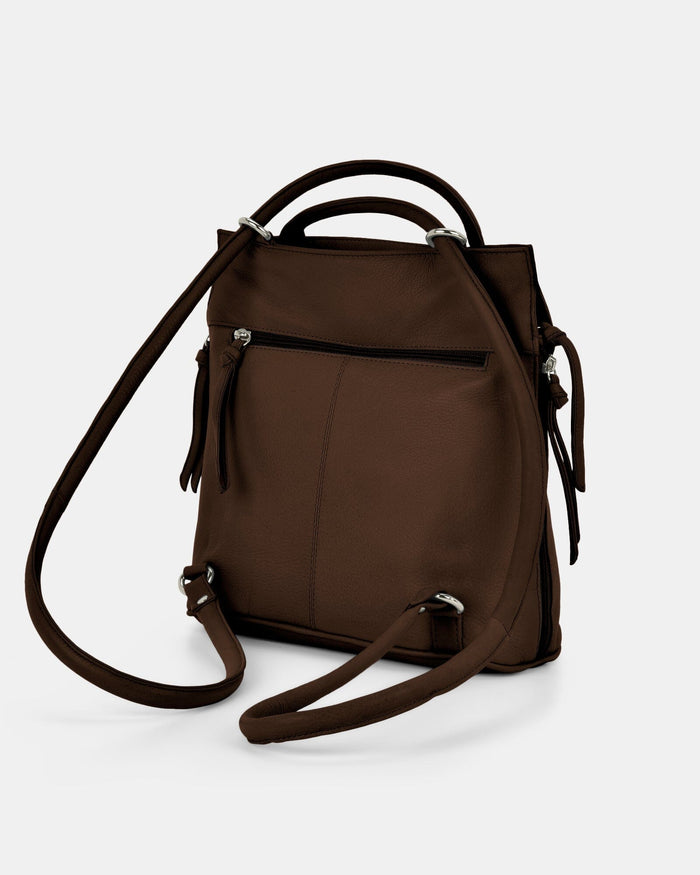 Ellie Leather 2 in 1 Convertible Shoulder Bag Backpack - Chocolate