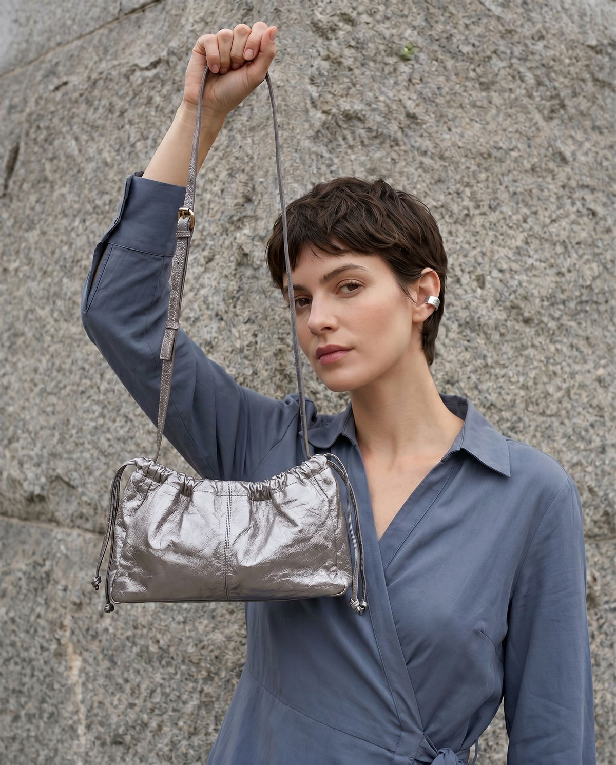 Halley Metallic Drawstring Crossbody - Pewter