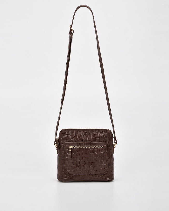 Kingsley Croc Leather RFID Crossbody Bag - Chocolate