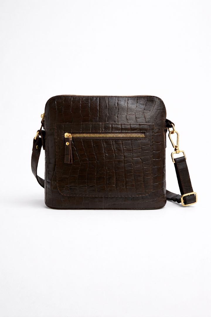 Kingsley Croc Leather Crossbody Bag - Chocolate