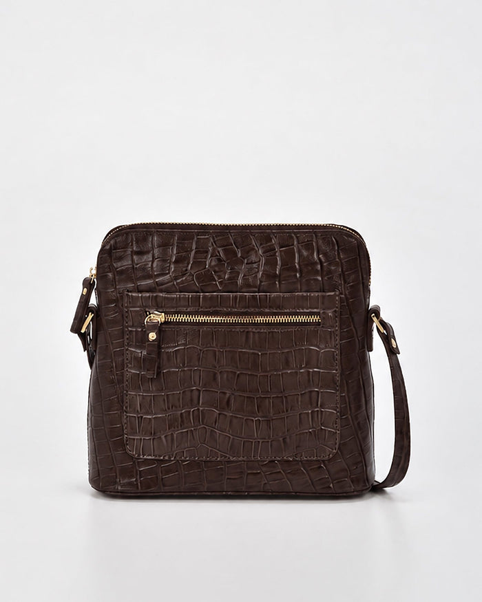 Kingsley Croc Leather RFID Crossbody Bag - Chocolate