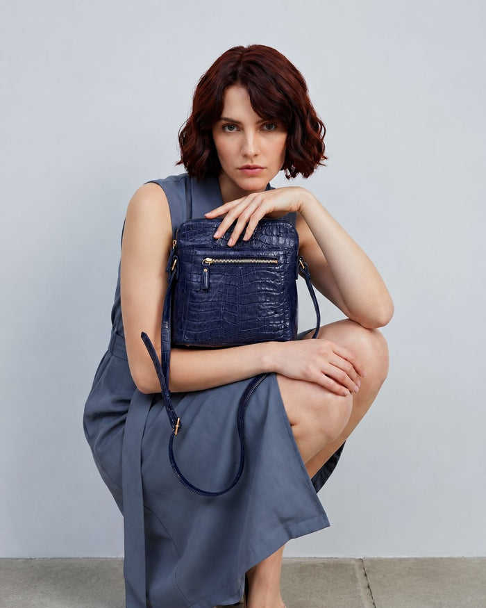 Kingsley Croc Leather RFID Crossbody Bag - Navy