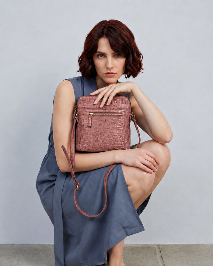 Kingsley Croc Leather RFID Crossbody Bag - Pink