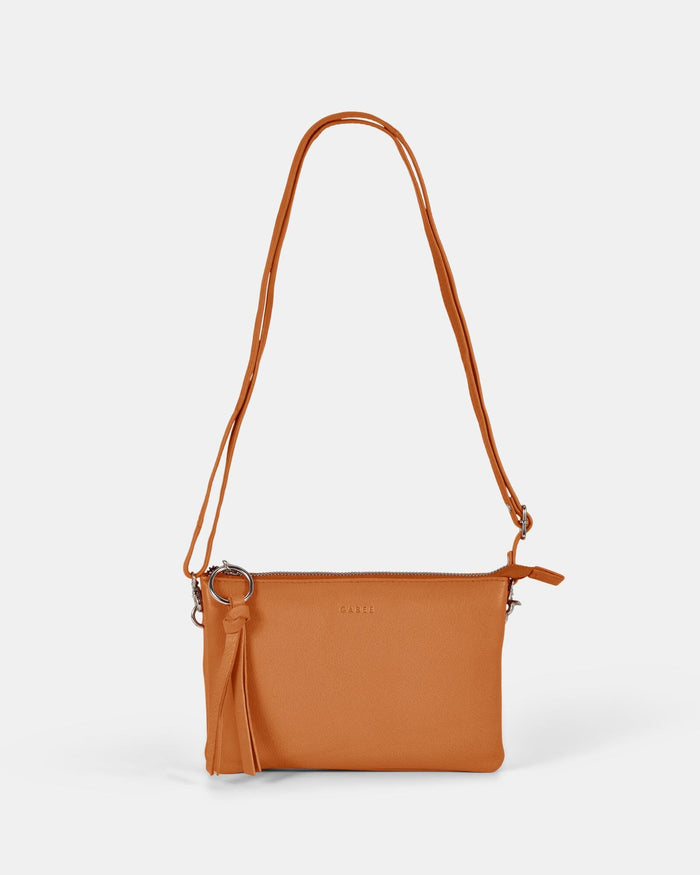 Lily Double Zip Compartment Soft Leather Crossbody Bag - Tan