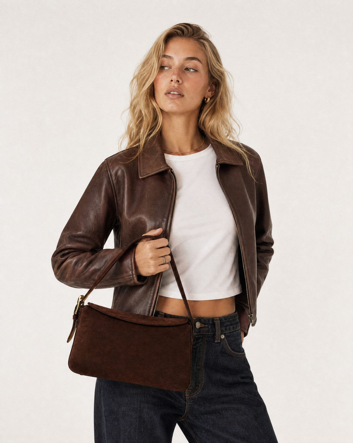 Portsea Suede & Leather Shoulder Bag - Chocolate