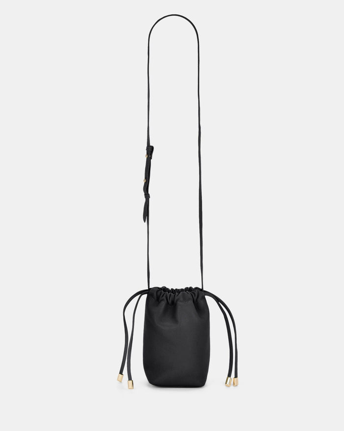 Susie Soft Leather Drawsting Crossbody - Black