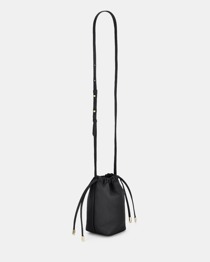Susie Soft Leather Drawsting Crossbody - Black