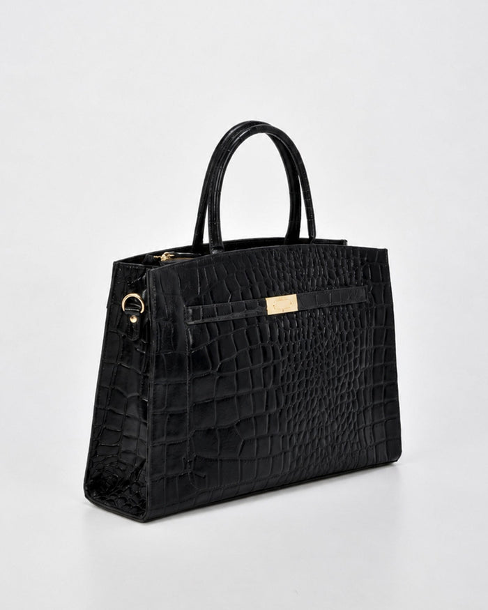 Toorak Croc Leather Business Tote - Black