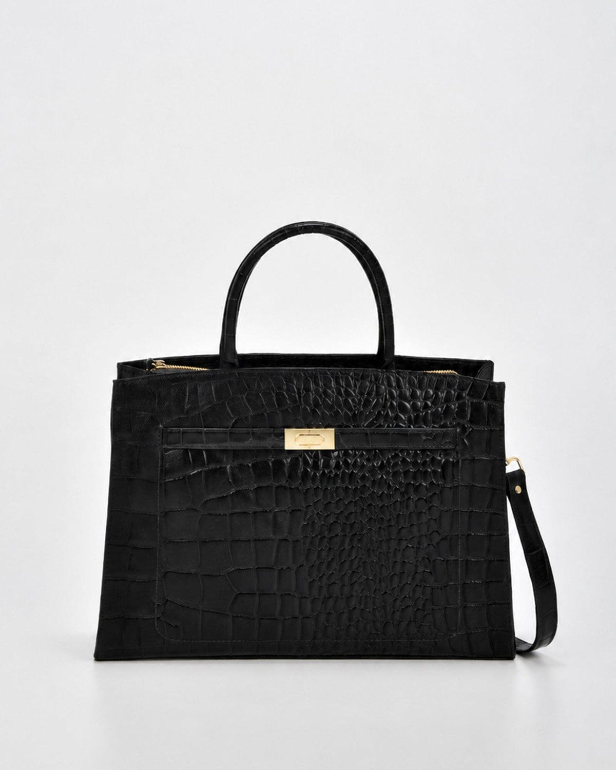 Toorak Croc Leather Business Tote - Black