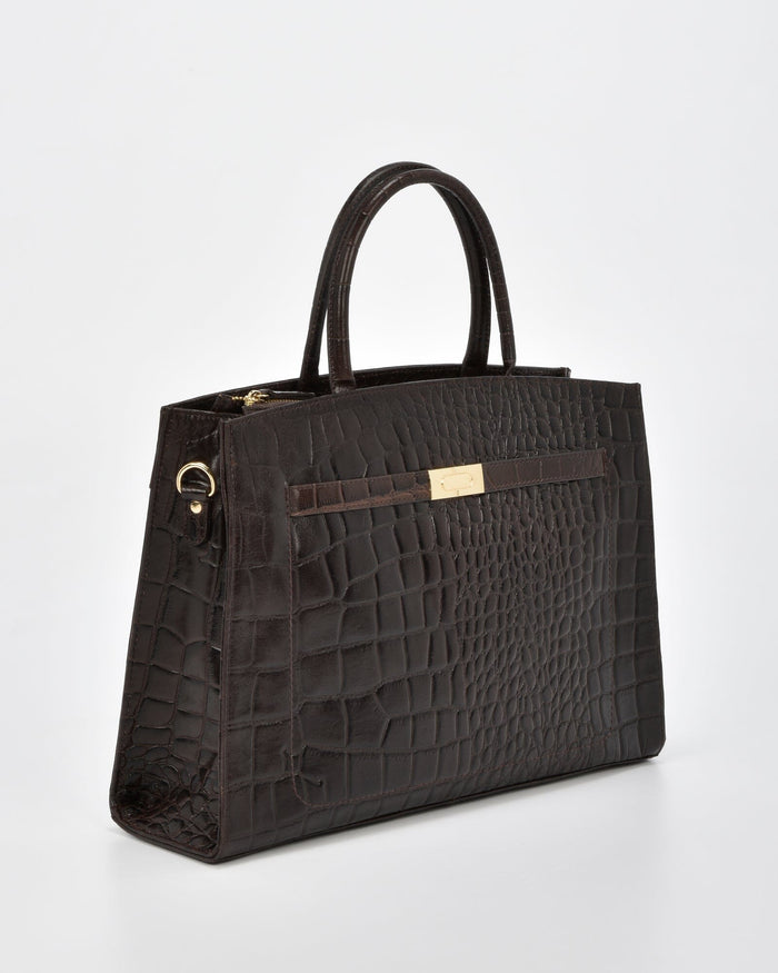 Toorak Croc Leather Business Tote - Chocolate