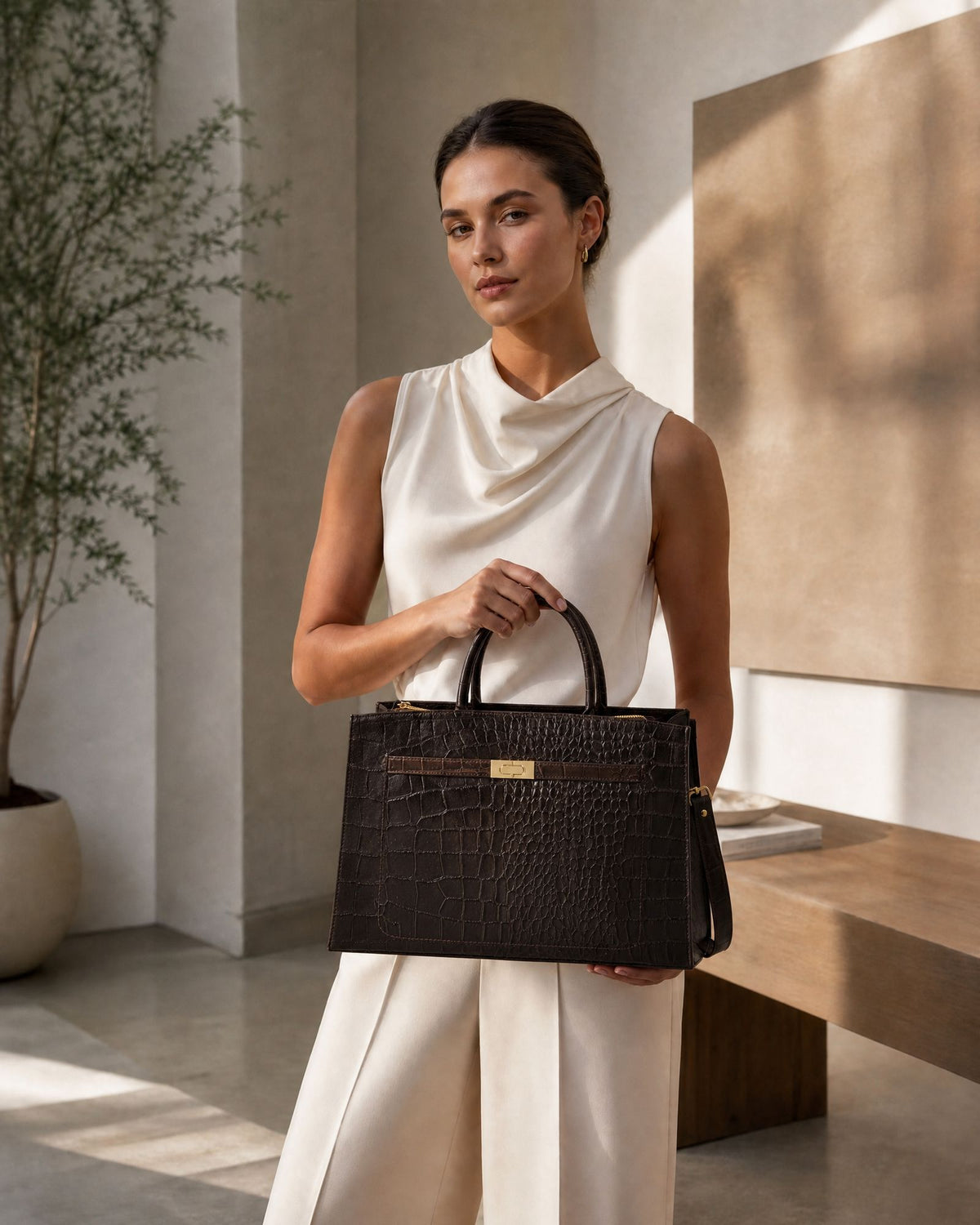 Toorak Croc Leather Business Tote - Chocolate