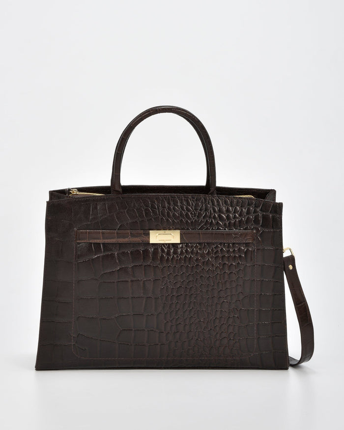 Toorak Croc Leather Business Tote - Chocolate