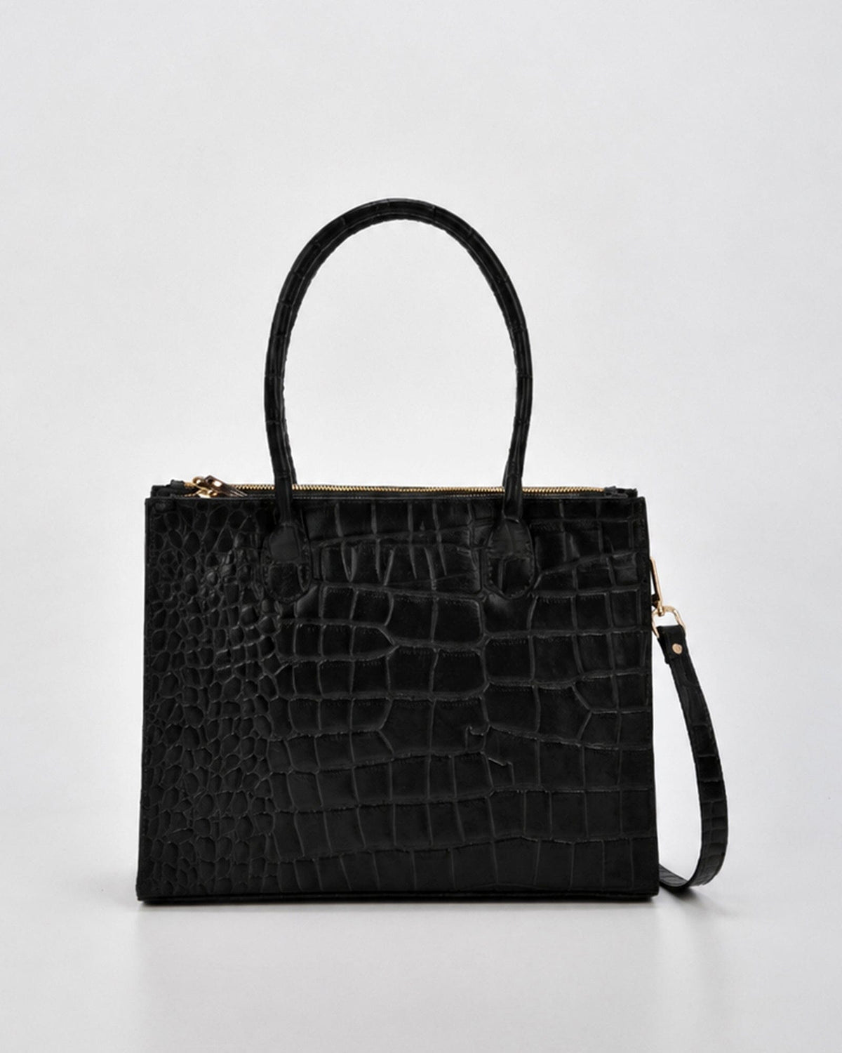 Waverley Croc Leather Dual Section Tote Bag - Black