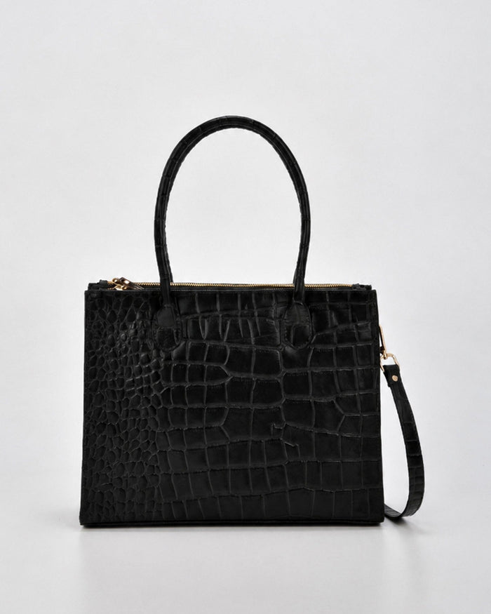 Waverley Croc Leather Dual Section Tote Bag - Black