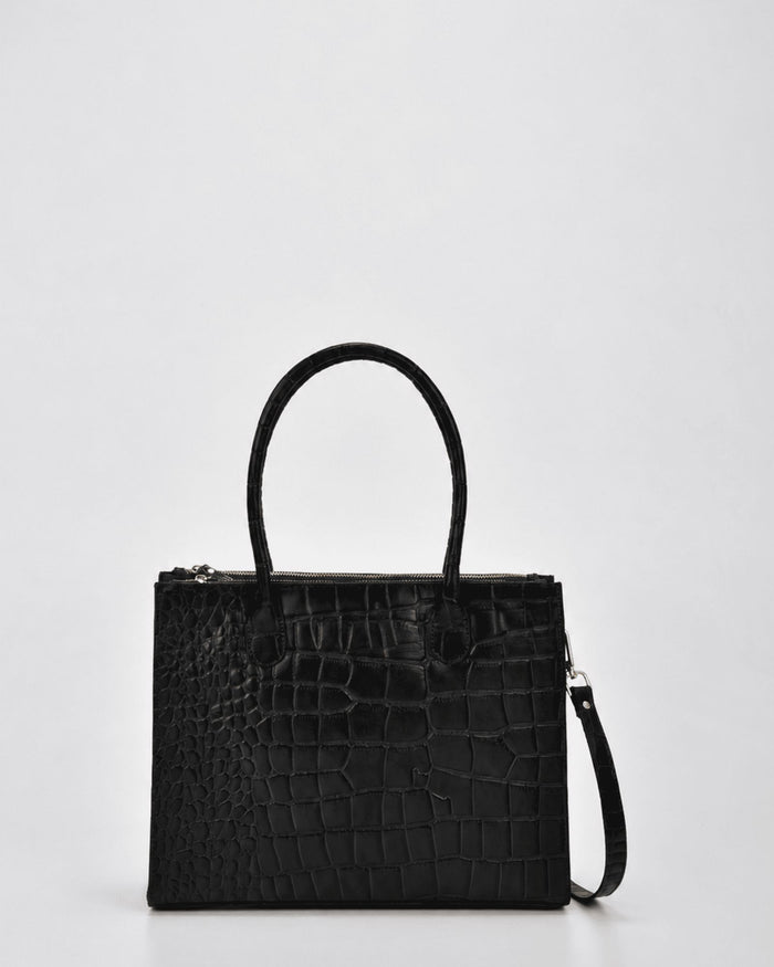 Waverley Croc Leather Dual Section Tote Bag - Black
