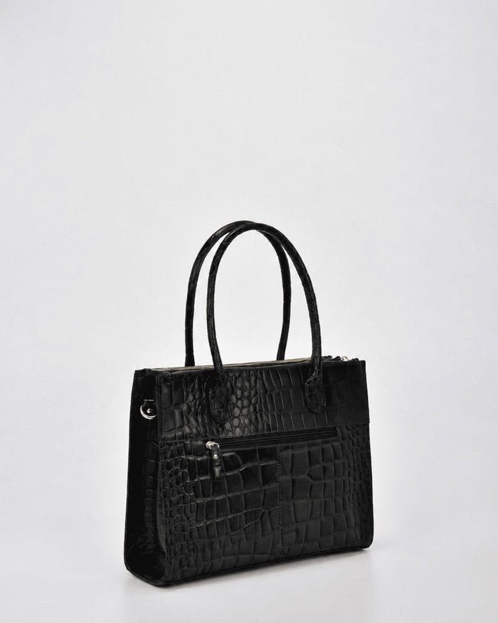 Waverley Croc Leather Dual Section Tote Bag - Black
