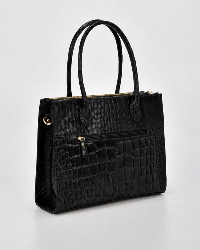Waverley Croc Leather Dual Section Tote Bag - Black