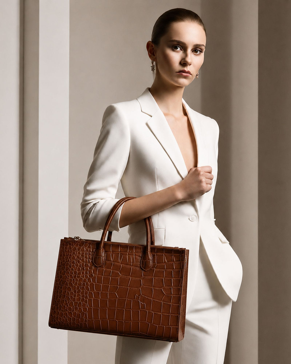 Waverley Croc Leather Dual Section Tote Bag - Tan