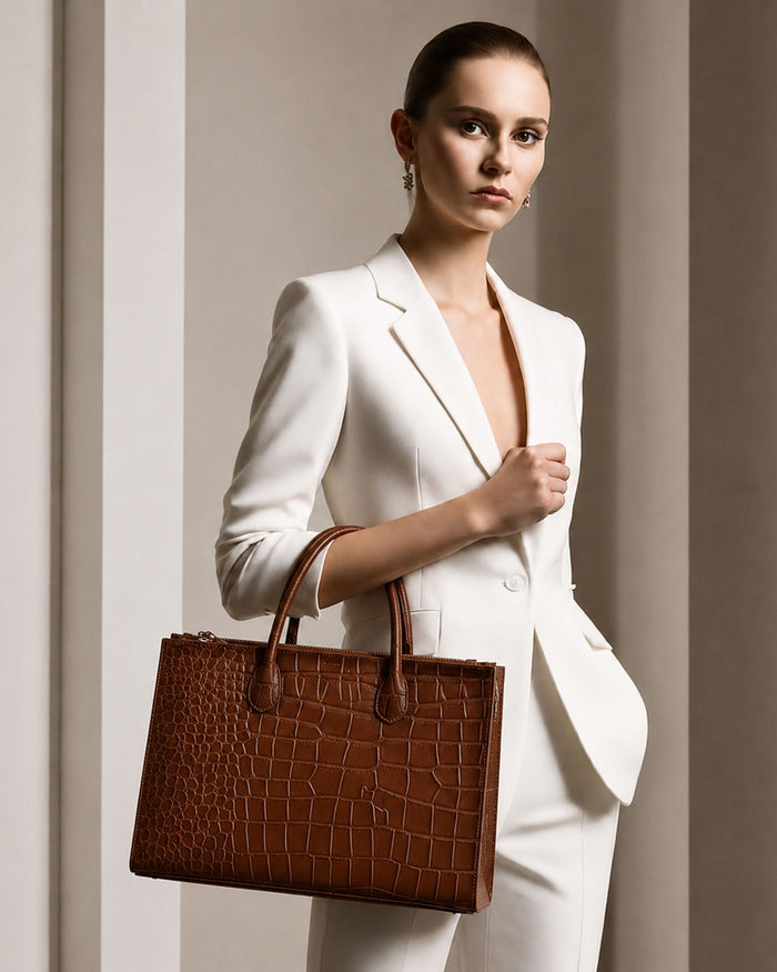 Waverley Croc Leather Dual Section Tote Bag - Tan