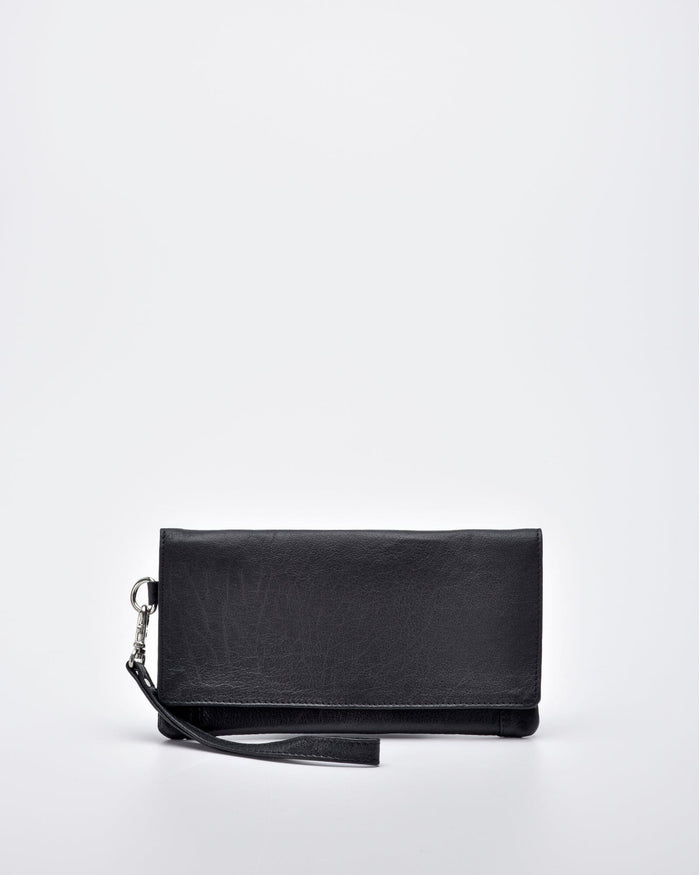 Wodonga Soft Leather Fold Over Wallet With Wristlet - Black