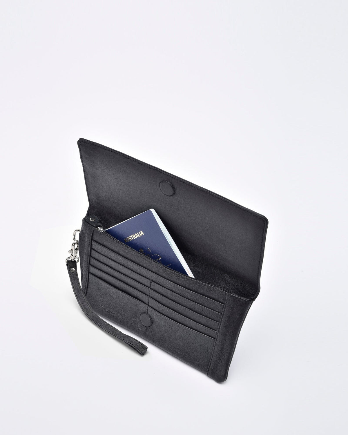 Wodonga Soft Leather Fold Over Wallet With Wristlet - Black