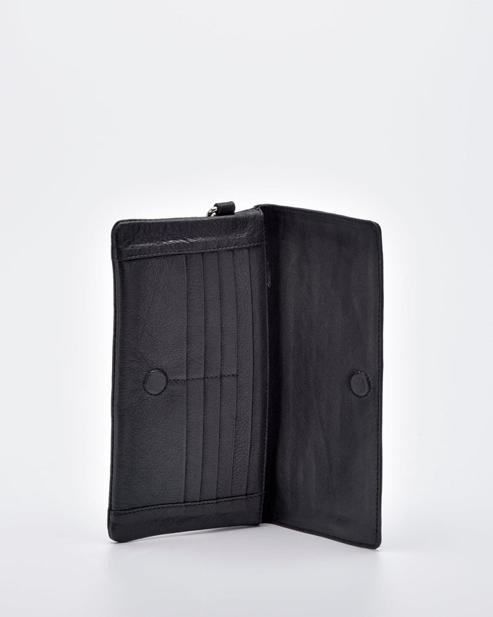Wodonga Soft Leather Fold Over Wallet With Wristlet - Black
