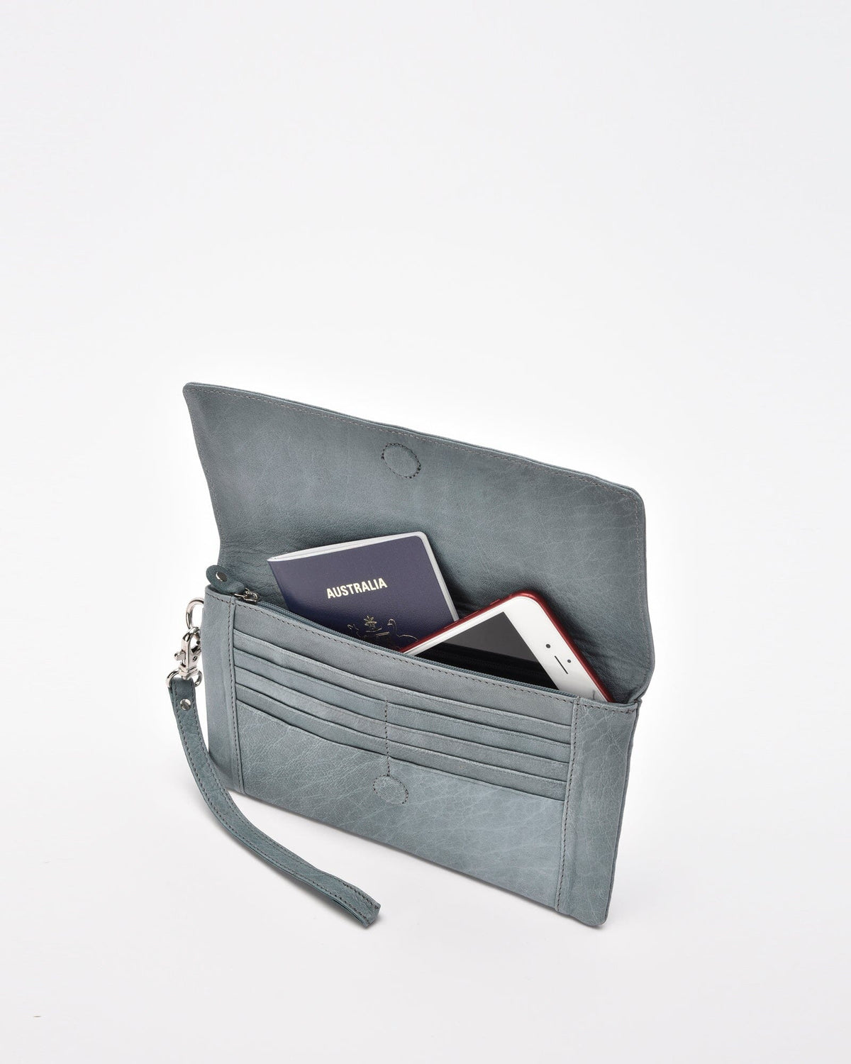 Wodonga Soft Leather Fold Over Wallet With Wristlet - Charcoal