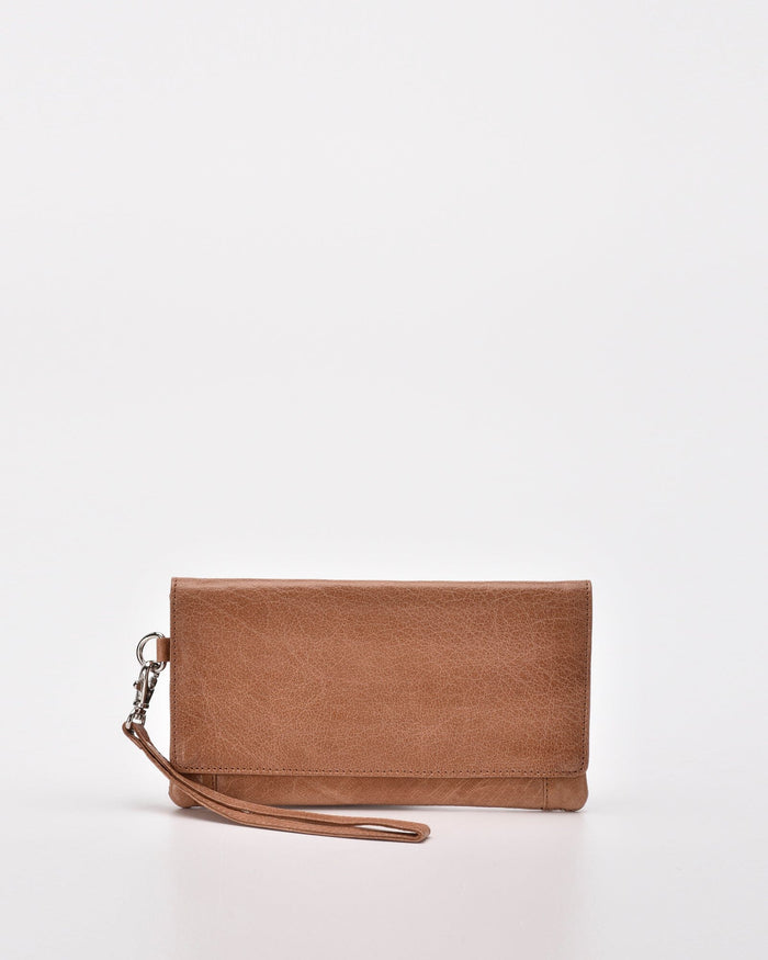 Wodonga Soft Leather Fold Over Wallet With Wristlet - Tan
