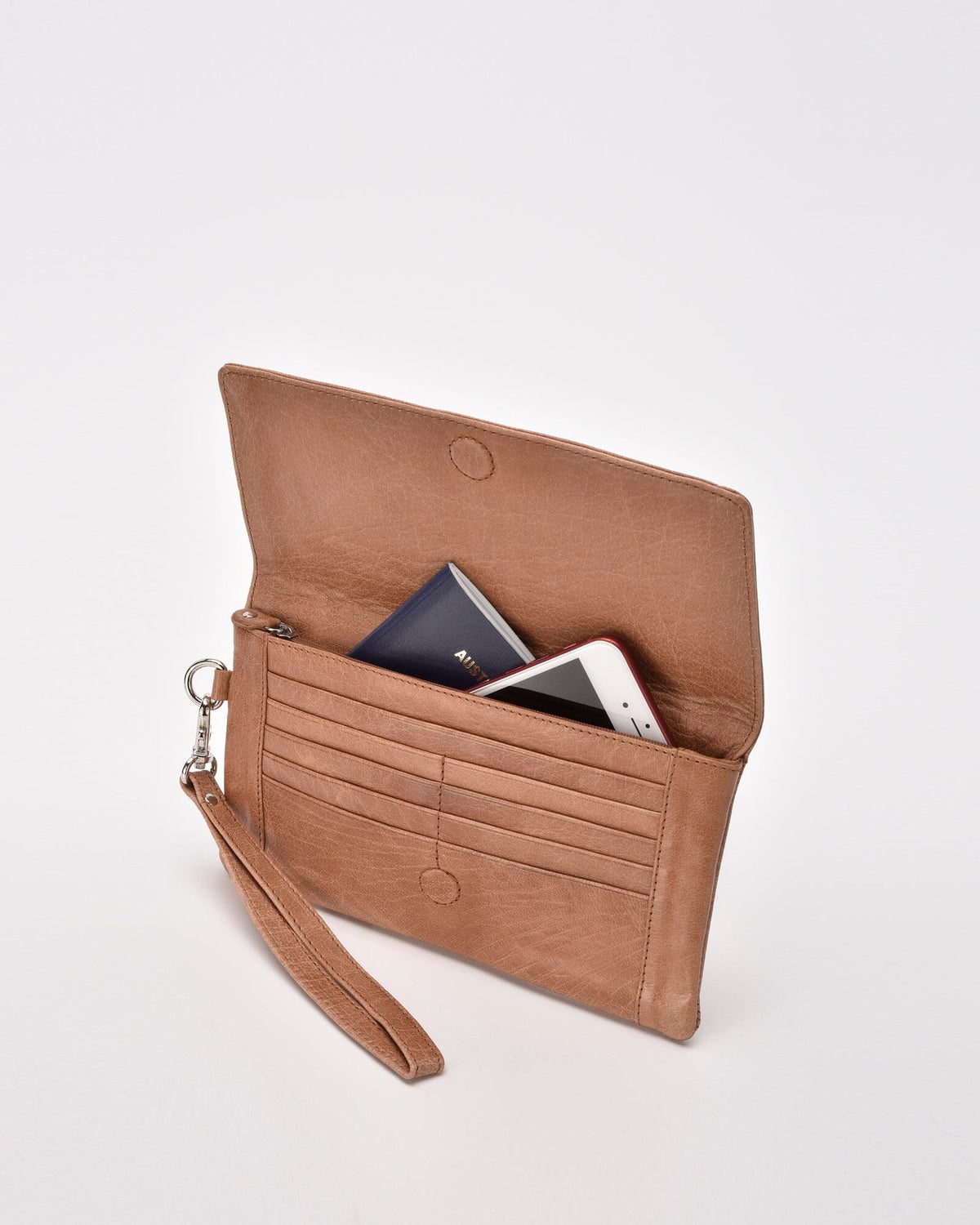 Wodonga Soft Leather Fold Over Wallet With Wristlet - Tan