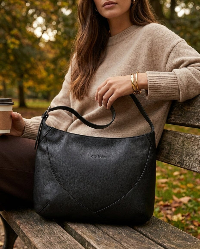 Yarra Washed Leather Shoulder Bag - Black
